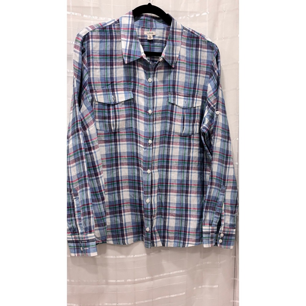 LL Bean 100% Linen Plaid Button Down Shirt Blue Green Red XL 281618 Mens